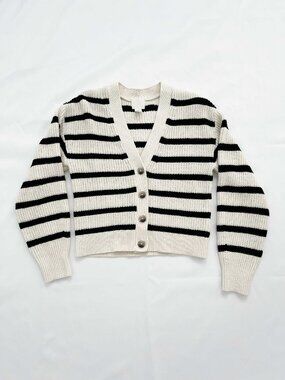 H&M Rib-Knit V-Neck Cream Cardigan with Black Stripes Women's XXS